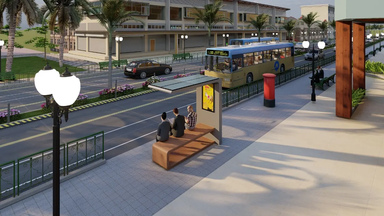 AI Smart Solar Bench render on a landscaped promenade